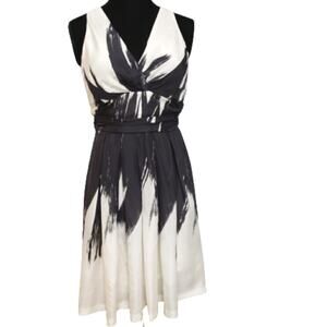 Rene Lezard Silk Black and White Cumberbund Waist Fit & Flare Sleeveless Dress